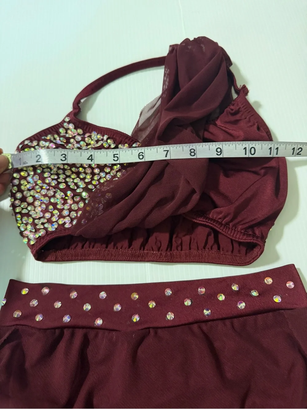 Kelle dance custom rhinestone solo costume burgundy red 2 piece 7114 teen